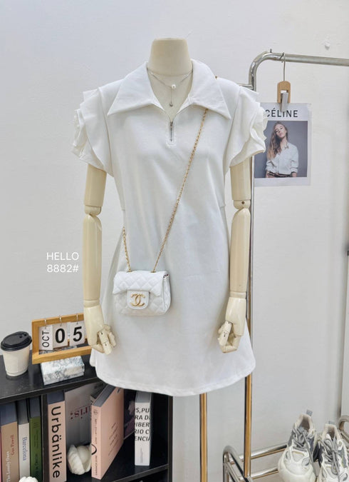 Zipper Collar Down Rose Decor Short Sleeves Mini Dress